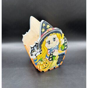 Vintage Halloween Basket Painted Wood Slats Witch Cat Decoration Orange Black